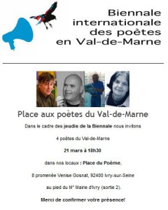 lecture Patrice Cazelles  21 mars à Ivry/Seine  18h30 Biennale Internationale des Poètes - Entrée libre